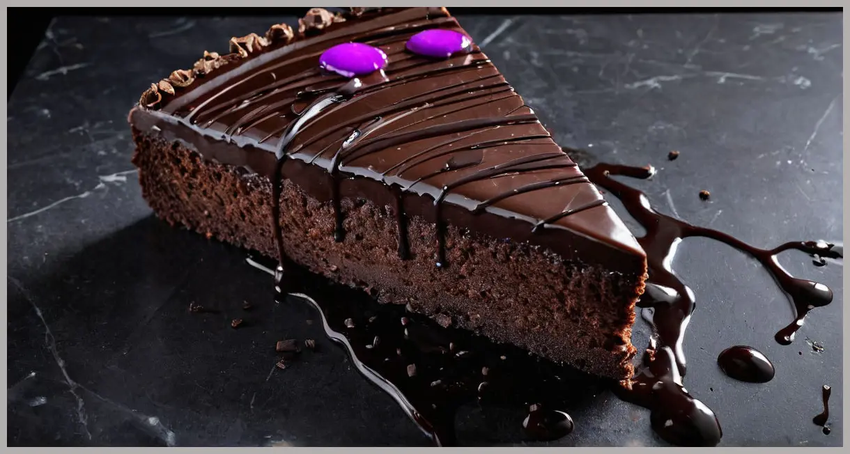Dutch angle shot of a whole Easy flourless chocolate cake on black marble, glossy ganache glaze reflecting neon purple backlight, cracked crust, high contrast, moody luxury.