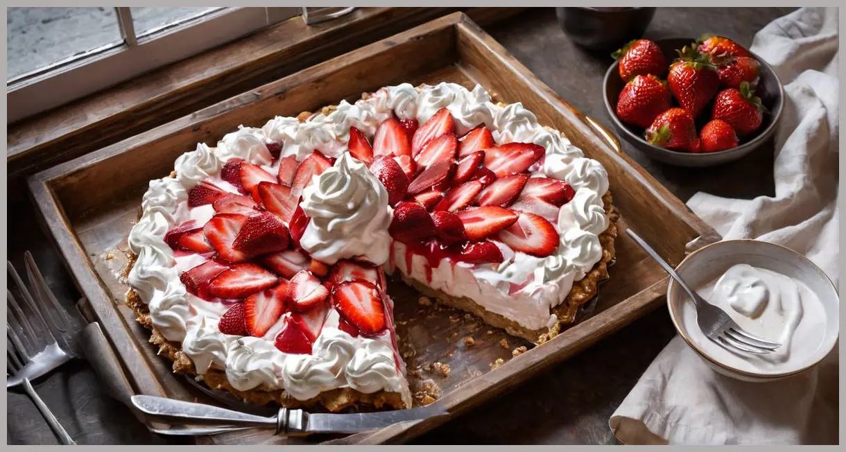 Dutch angle shot of partially sliced Eton mess traybake, strawberry syrup dripping, whipped cream peaks, and dramatic side lighting. Eton mess traybake