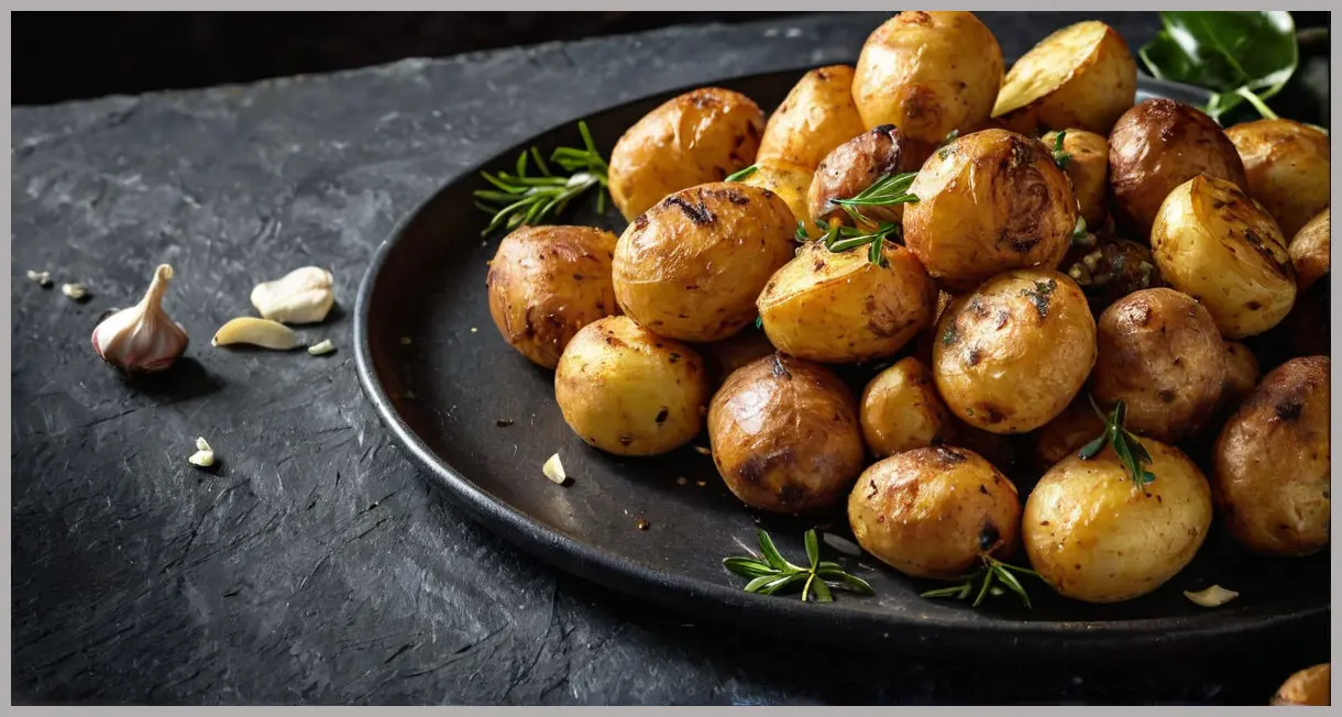 Garlic roast potatoes with bay leaves piled on slate, dutch angle shot with glistening garlic, toasted bay leaves, and cinematic lighting.