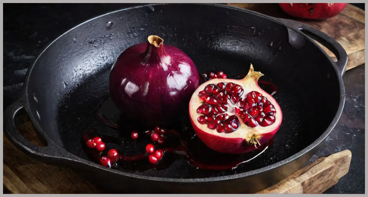 A sizzling pomegranate-glazed aubergine on a cast-iron skillet, captured in moody neon glow with a dramatic dutch angle. Pomegranate-glazed aubergines and courgette tabbouleh