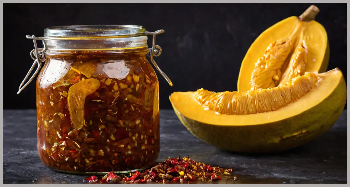 A half-open jar of Jackfruit pickle (Kathal achaar), oil dripping, under dramatic side light, high contrast, dark moody background.