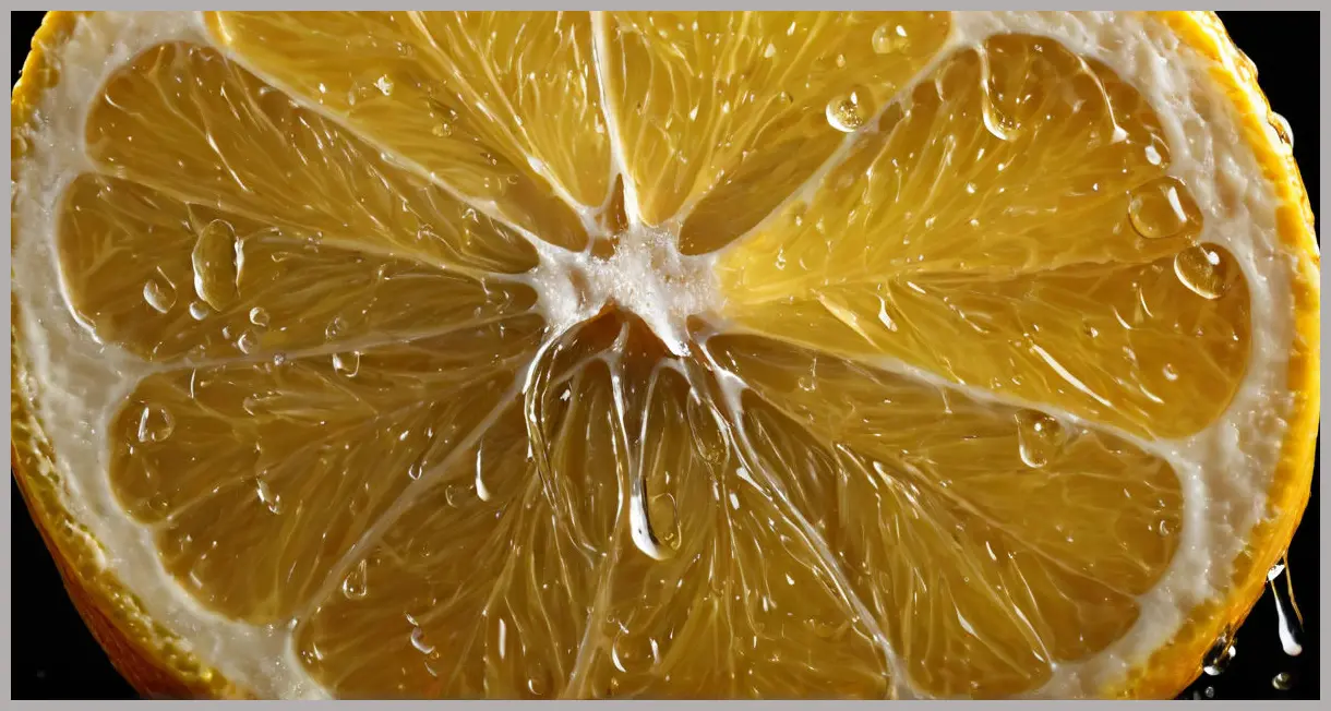 Macro shot of a preserved lemon wedge with dramatic side lighting, glossy brine droplets, and a black background. Preserved lemons