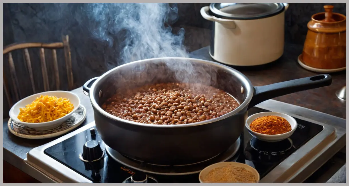Dutch angle shot of a pressure cooker on a stovetop, steam escaping, with refried beans bubbling inside and spices nearby. Pressure cooker refried beans
