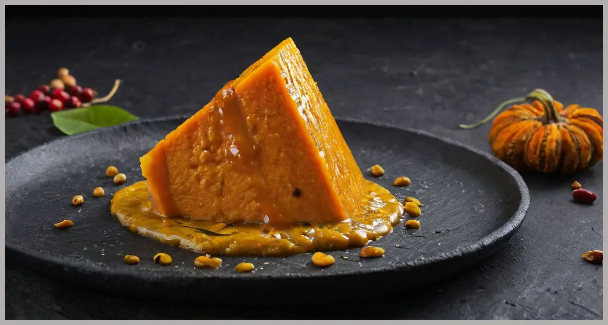 Macro shot of a pumpkin curry chunk on slate, tamarind glaze, mustard seeds, and curry leaves. Pumpkin curry