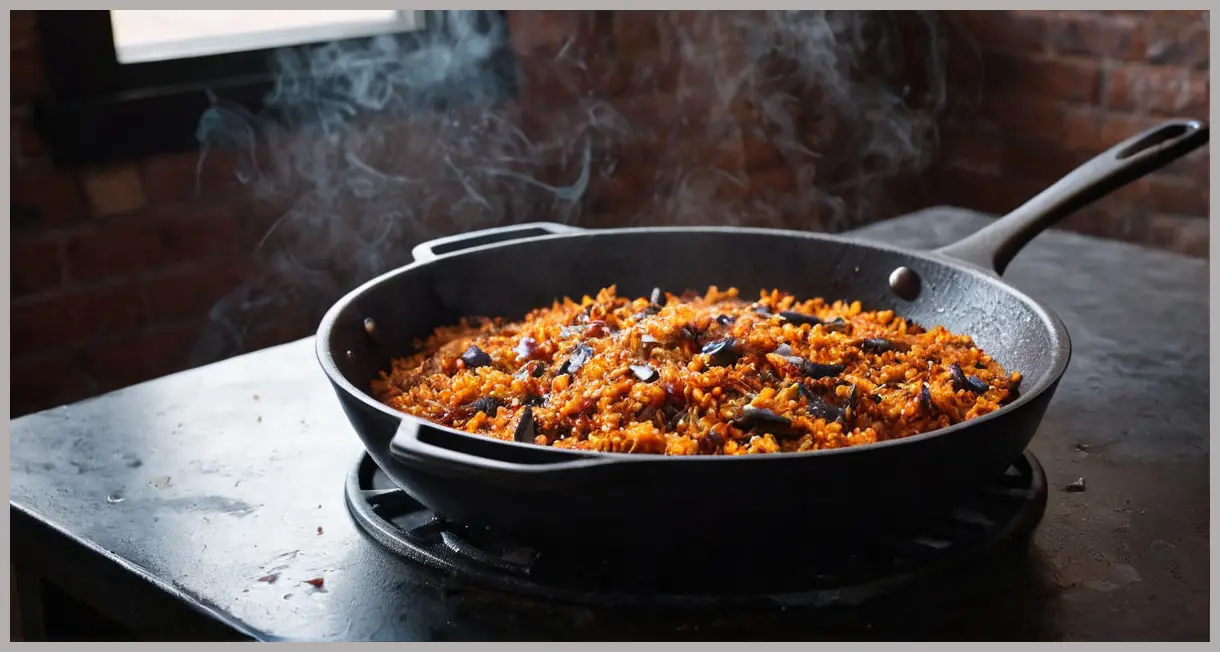 Smoky jollof rice in a cast-iron skillet, dutch angle, moody light, charred edges, smoke wisps. Intense and dramatic.