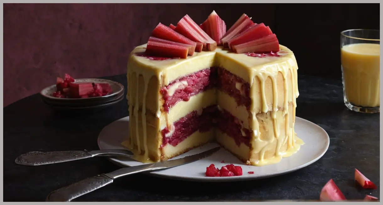 Dutch angle shot of a partially sliced rhubarb and custard layer cake, knife resting, custard oozing, caramelized rhubarb glowing. Rhubarb and custard layer cake