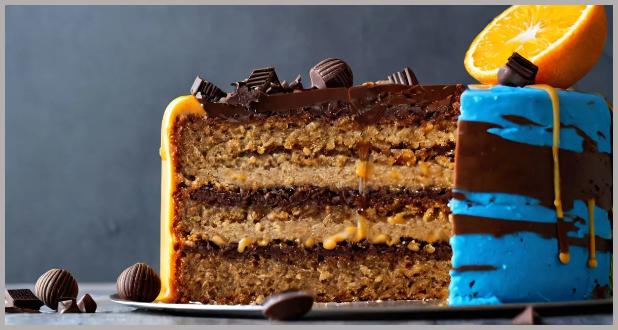 Dutch angle of sliced ginger and honey biscuit cake with choc-orange icing, abstract chocolate drips, and layered texture under side lighting.