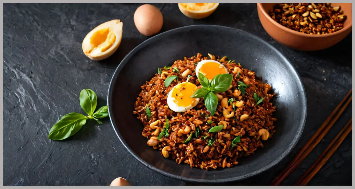 Dutch angle of a ceramic bowl with stir-fried red rice, cashews, and basil spilling onto slate. Stir-fried red rice