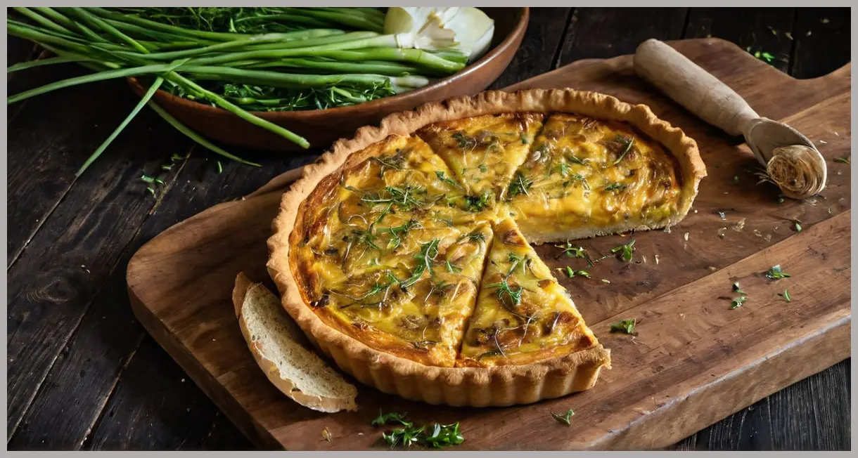 Dutch angle shot of a vegan quiche on wood, with golden crust, creamy filling, and scattered herbs. Vegan quiche