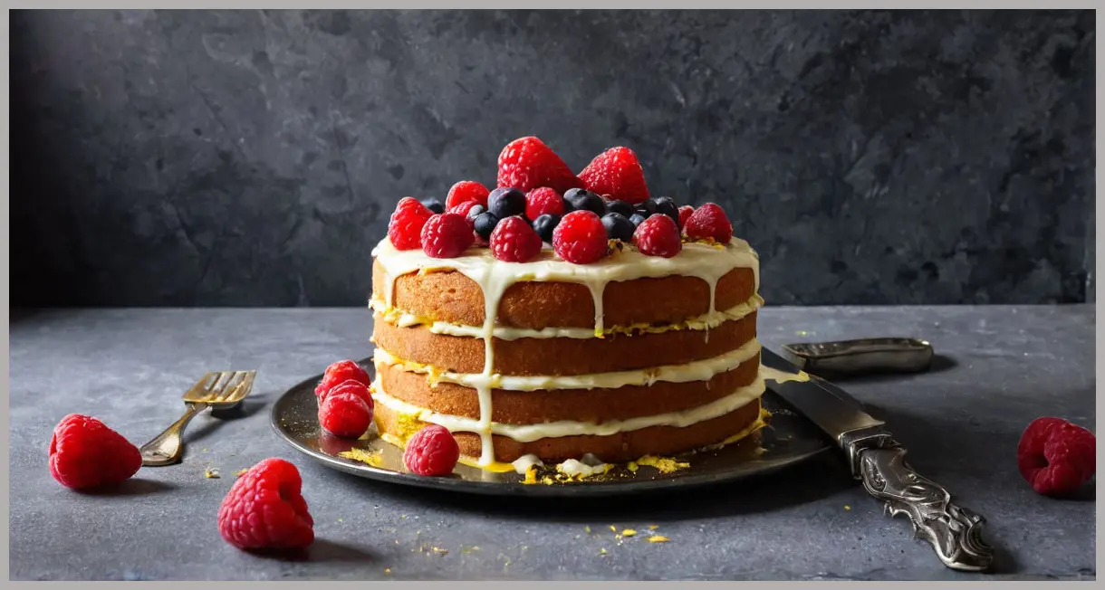 Dutch angle shot of a partially sliced vegan Victoria sponge cake with raspberry jam and lemon buttercream.