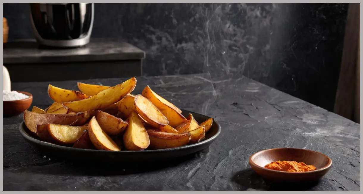 Dutch angle shot of potato wedges spilling from a ceramic bowl onto a slate platter, warm spotlight, high contrast, crispy edges, and a blurred rustic table. Air fryer potato wedges
