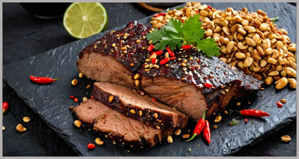 Dutch angle shot of sliced spiced brisket with chilli, lime, peanut and coriander, fanned on a slate platter with bold lighting and rich textures.