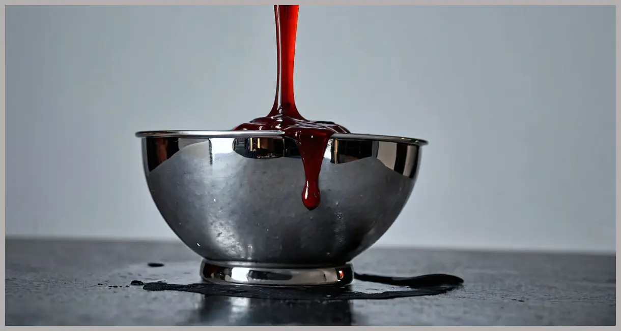 A silver spoon lifting vodka-infused cranberry sauce, dramatic side lighting, sauce dripping slowly, moody atmosphere.