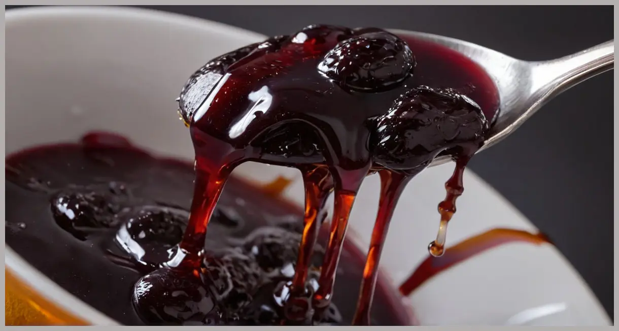 Macro shot of a spoonful of plum and vanilla jam dripping slowly, glossy texture, deep purple hues under dramatic side lighting, Plum and vanilla jam