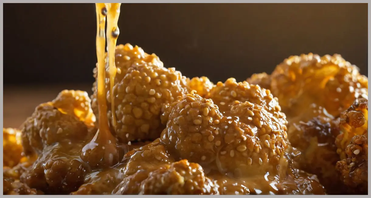Extreme close-up of satay glaze dripping from a roasted cauliflower floret, backlit by golden light with suspended peanut particles. Whole roasted satay cauliflower