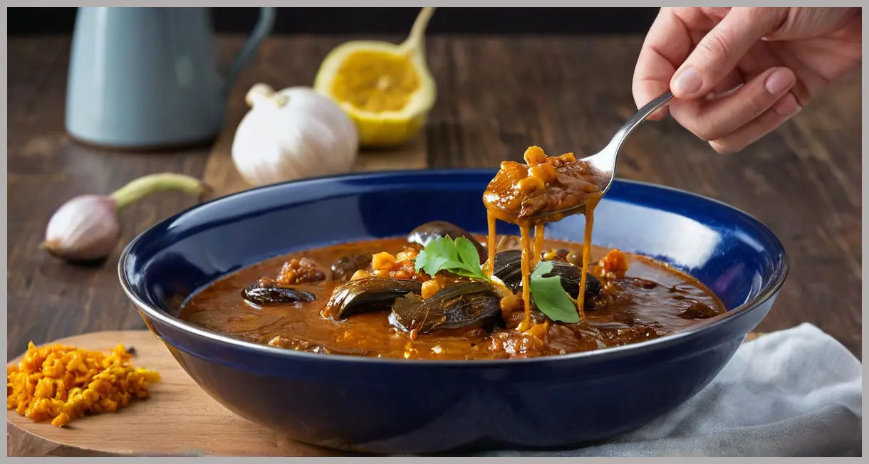 Macro shot of a spoon lifting Chetna Makan’s tamarind aubergine curry (imli baigan curry), cool LED light, dripping sauce, and glossy textures.