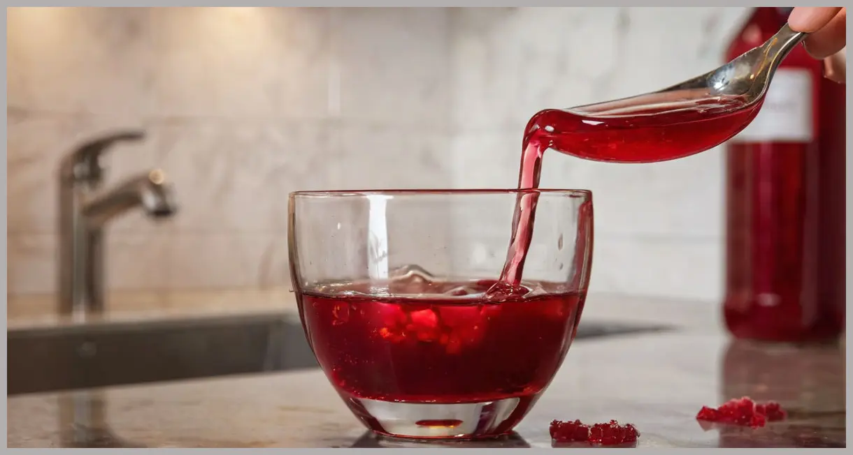 Macro shot of a ruby-red Easy rhubarb cordial droplet falling into a spoon, liquid tension visible, golden highlights, moody kitchen background.