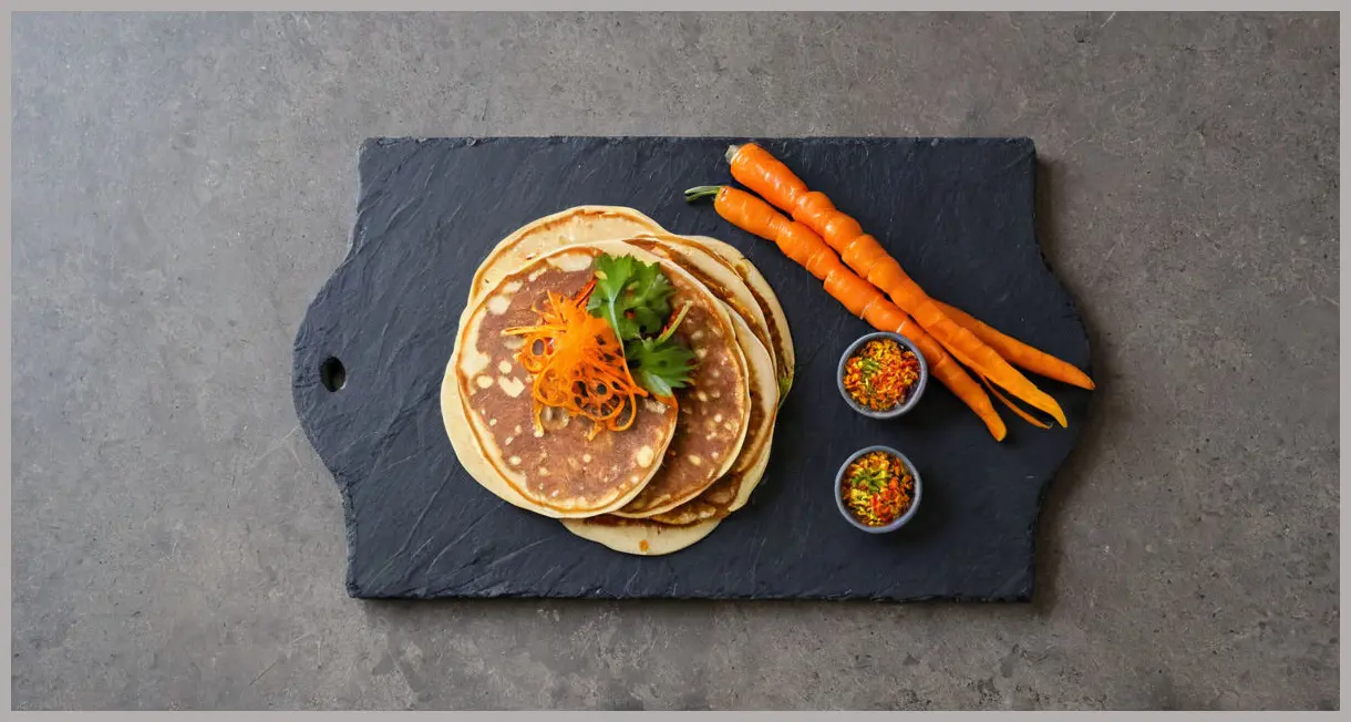Overhead flat lay of duck pancakes, pickled carrots, and chili on slate, modern and balanced. Duck pancakes with pickled carrot salad