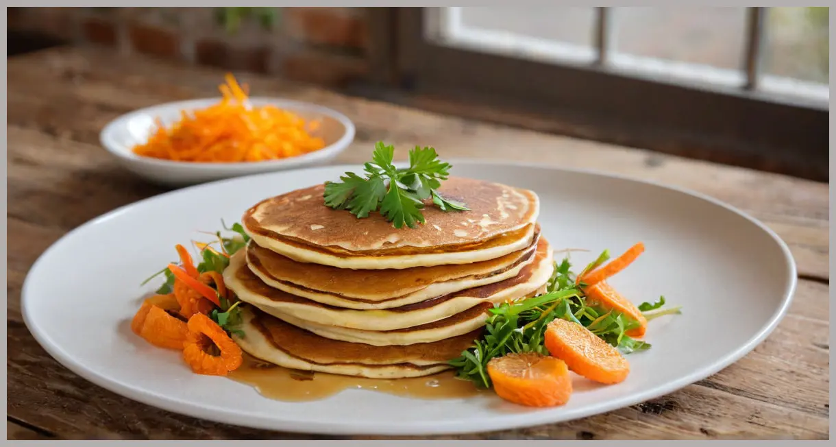 Close-up of duck pancakes with pickled carrot salad on wood, crispy layers, vibrant carrots, and fresh herbs. Duck pancakes with pickled carrot salad