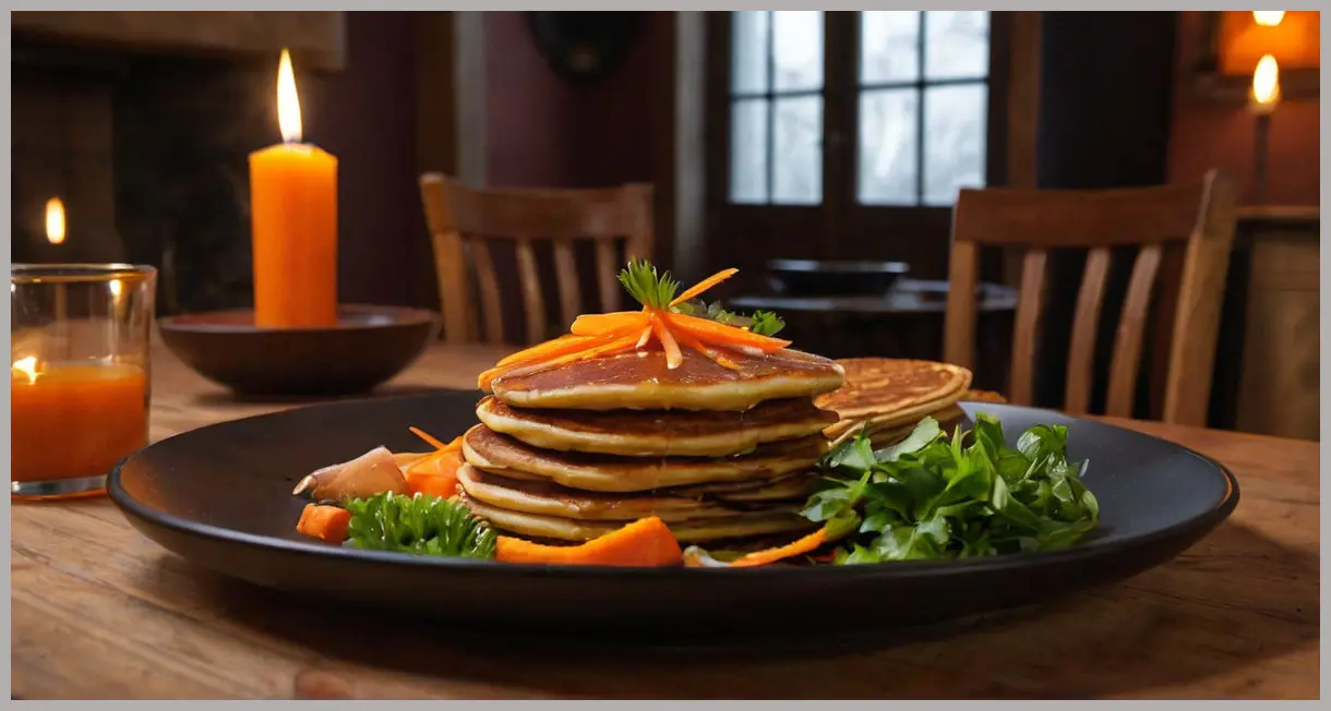 Moody Dutch angle shot of duck pancakes in candlelight, rich shadows, warm tones. Duck pancakes with pickled carrot salad