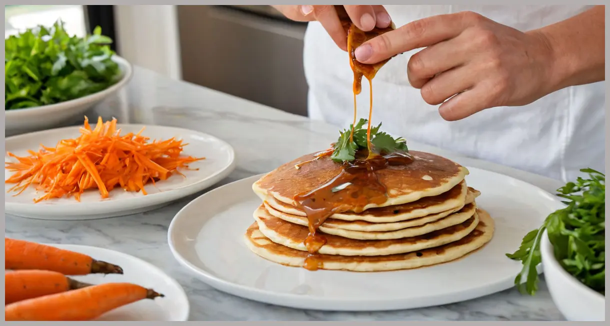 Action shot of duck pancakes being folded, carrots spilling, sauce dripping on marble. Duck pancakes with pickled carrot salad