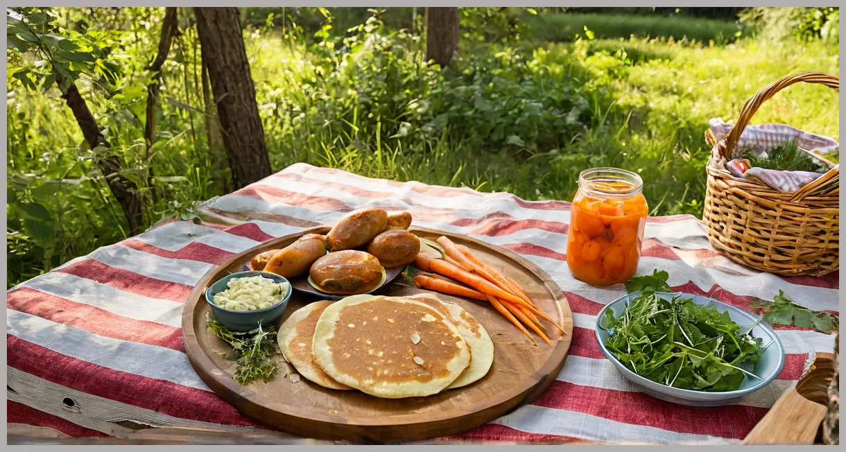 Outdoor picnic with duck pancakes in golden hour light, woven basket, dappled sunlight. Duck pancakes with pickled carrot salad