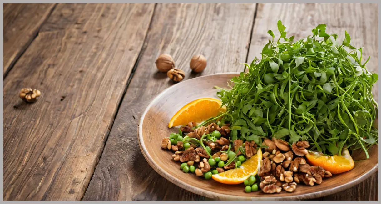 Dutch angle shot of orange, fennel and pea shoot salad with walnuts on rustic wood, dynamic composition, scattered walnuts, asymmetrical citrus, soft studio light.