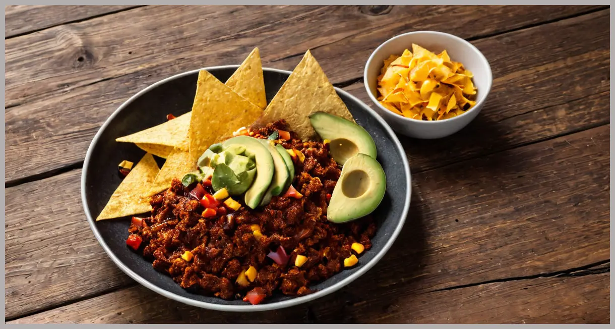 Dutch angle shot of smoky vegan chilli on a cracked ceramic plate, garnished with avocado and nachos. Dramatic lighting. Smoky vegan chilli