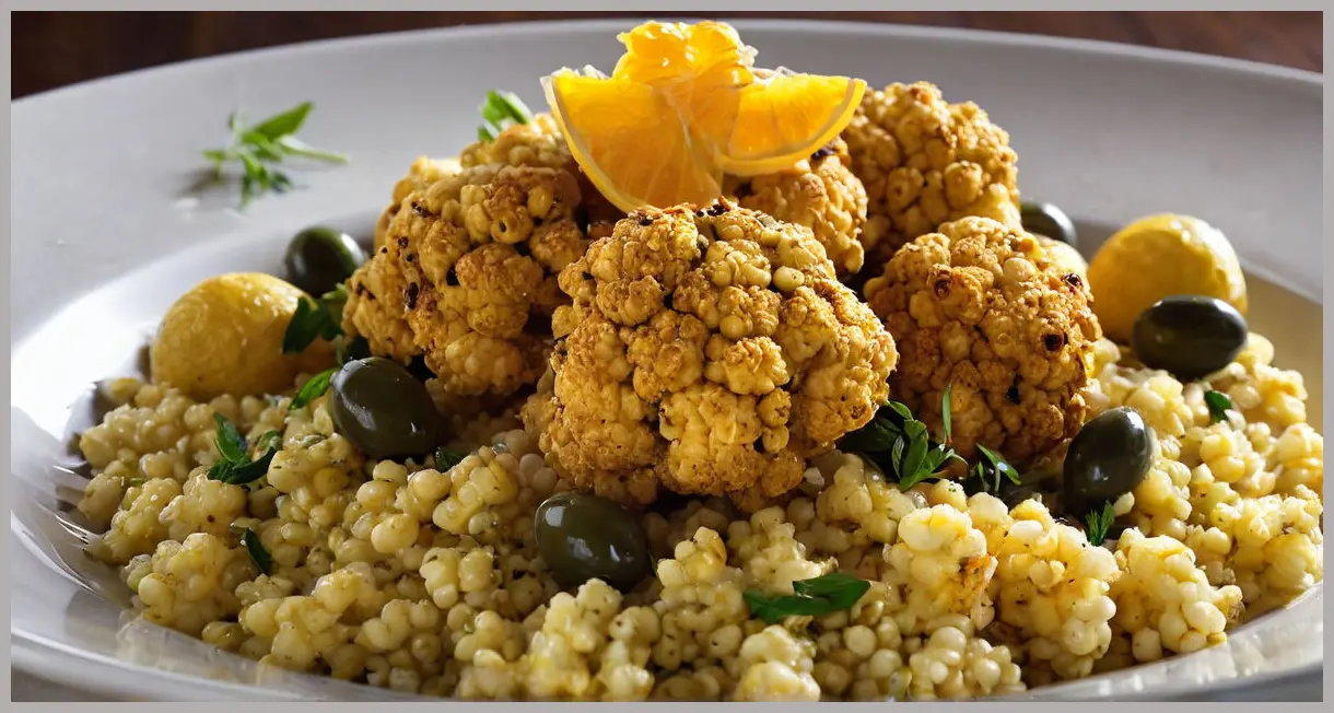 A dramatic dutch angle shot of a ceramic dish filled with cauliflower, couscous, olives, and preserved lemons, side-lit for depth. Cauliflower with olives, preserved lemons and giant couscous