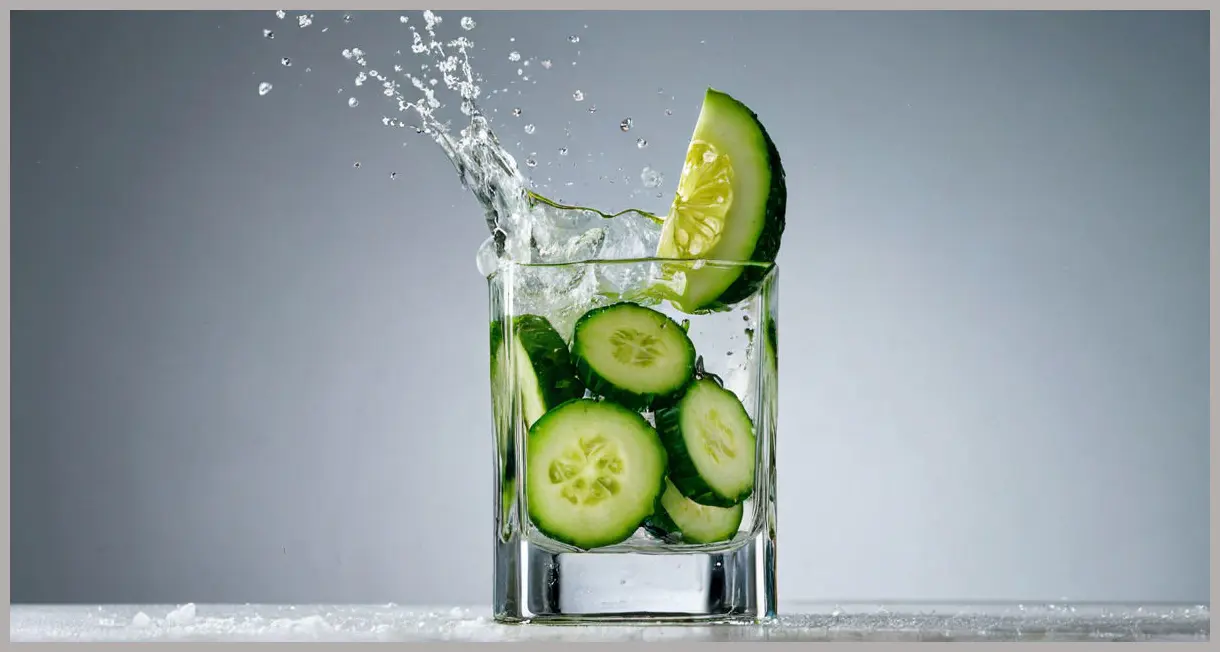 A photorealistic high-speed close-up of a Cucumber and basil cocktail with a dynamic splash as ice drops, under intense studio flash lighting.
