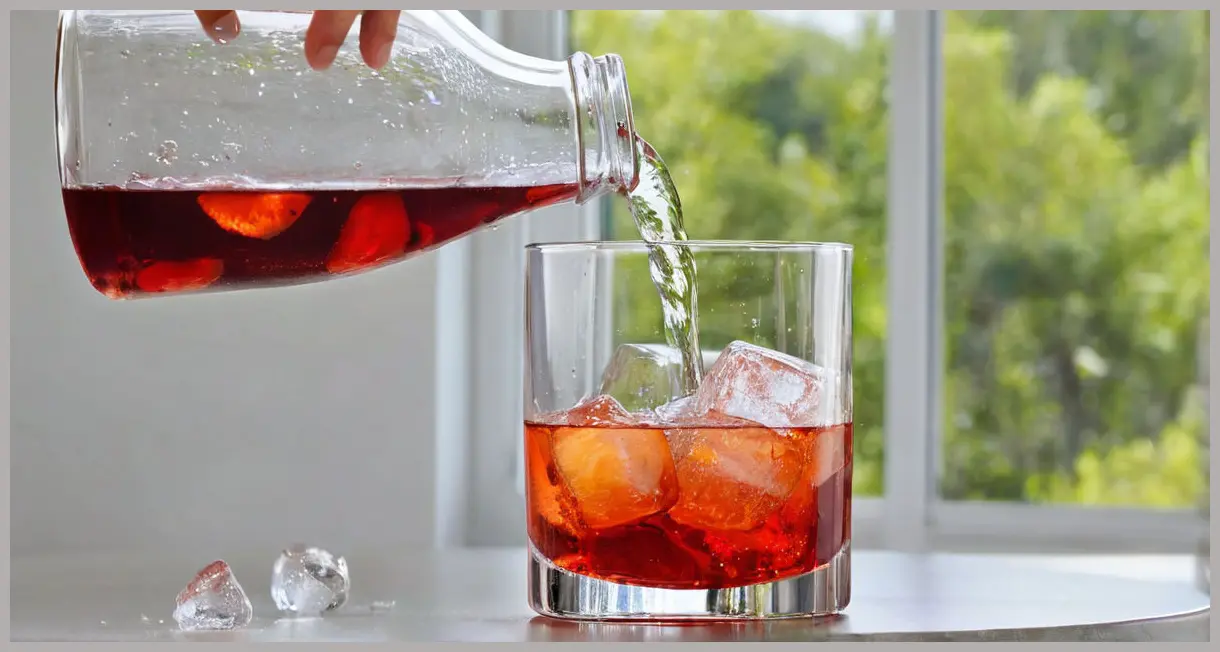 A photorealistic mid-shot of Prosecco being poured into a glass with Campari and vermouth to make a Negroni sbagliato (negroni spritz) cocktail, creating bubbles and color swirls.