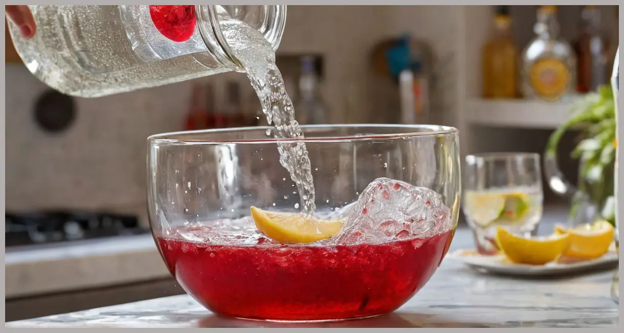 A photorealistic mid-shot captures chilled peppery ginger beer pouring into The delicious. gin party punch in a crystal bowl, showing dynamic effervescence under bright kitchen light.