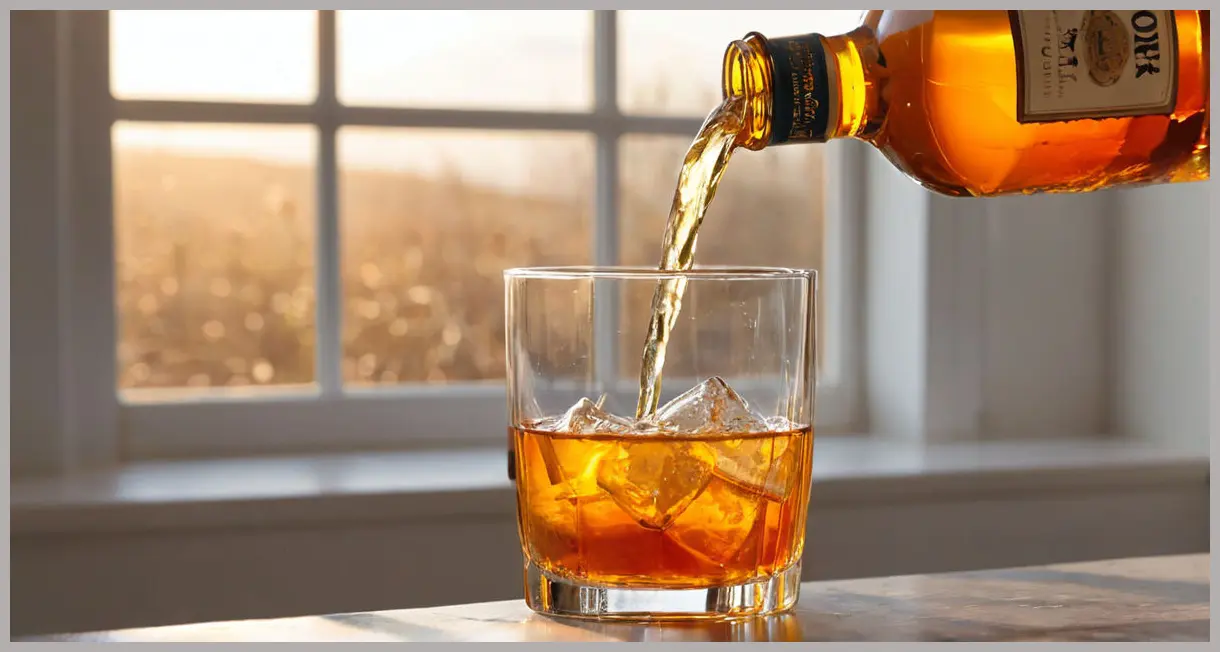 A photorealistic close-up of a golden stream pouring into a jug with orange Aperol and honey, for a Whisky Aperol hot toddy, with golden hour backlighting.