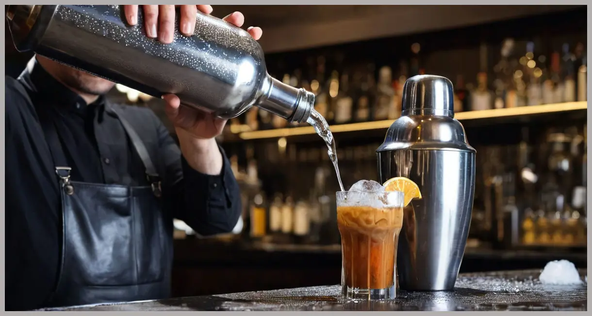 A photorealistic medium shot showing a stainless steel cocktail shaker vigorously shaking, covered in icy condensation, preparing a Gin espresso martini.