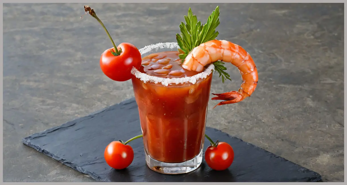 An elevated view of an Easy Bloody Mary cocktail with an extravagant skewer garnish featuring shrimp, bacon, cherry tomato, and gherkin.