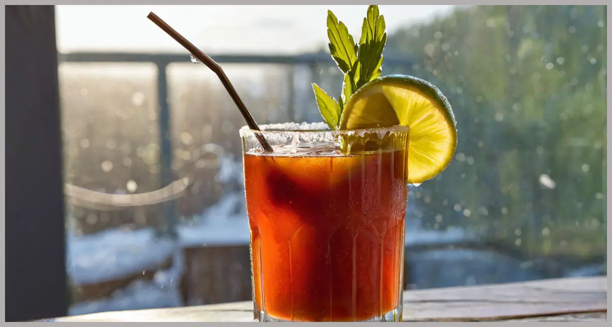 A frosty Easy Bloody Mary cocktail in a tall glass on a wooden bar, garnished with celery, lemon, and olives, bathed in golden hour light.