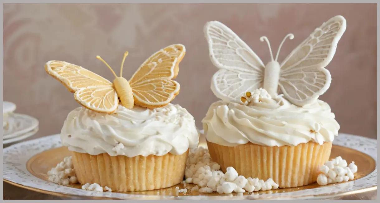 Close-up of easy butterfly cakes on porcelain, golden sponge with vanilla buttercream swirls, delicate wings, dusted icing sugar, serene morning light.
