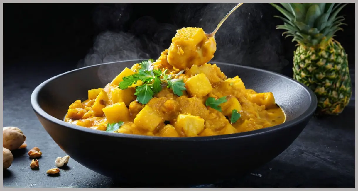 A dutch angle shot of curry in a black bowl, neon glow lighting, steam rising against a dark background. Potato, pineapple and cashew curry