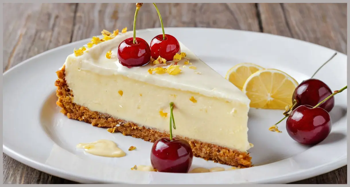A close-up of a glowing Elderflower, Lemon and Cherry Cream Flourless Cake slice, soft studio light, cherry compote drizzle, and fresh garnish. Elderflower, lemon and cherry cream flourless cake