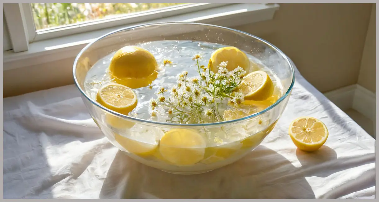 A photorealistic wide shot of elderflower heads, lemon slices, and sugar infusing in tepid water within a glass bowl, loosely covered with muslin for Elderflower fizz.