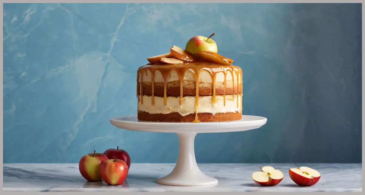 Apple caramel layer cake in side profile, blue-hour lighting, marble slab base, caramel cascading down, vertically stacked apple slices, cool blue and warm caramel contrast.