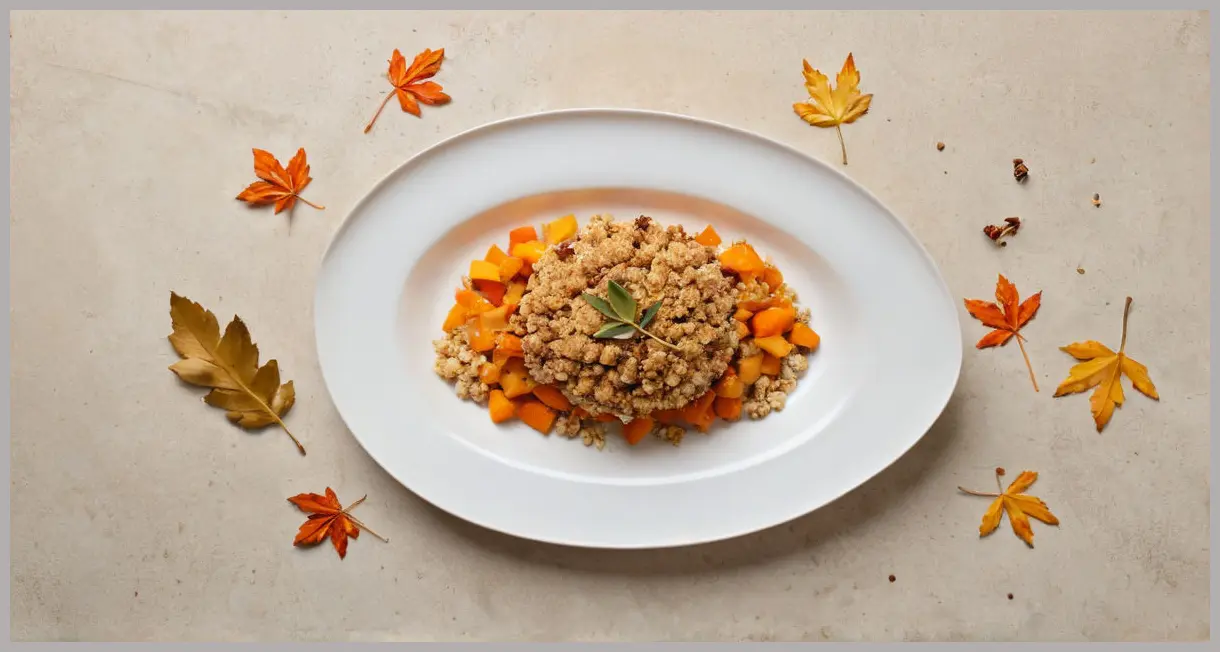 Overhead flat lay of a single-serving confit parsnip and carrot crumble, golden topping, star anise garnish, soft natural light. Confit parsnip and carrot crumble