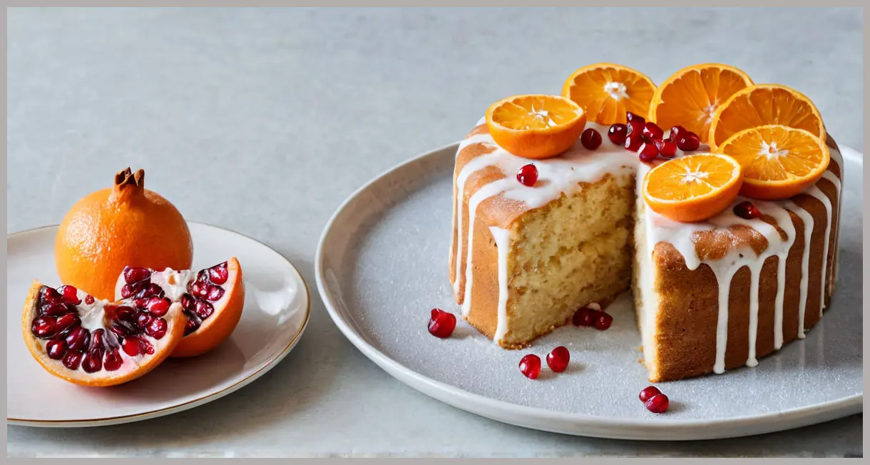 Eric Lanlard’s clementine and pomegranate cake (gluten-free) on a vintage porcelain plate, dusted with sugar, pomegranate seeds arranged elegantly, soft window light.