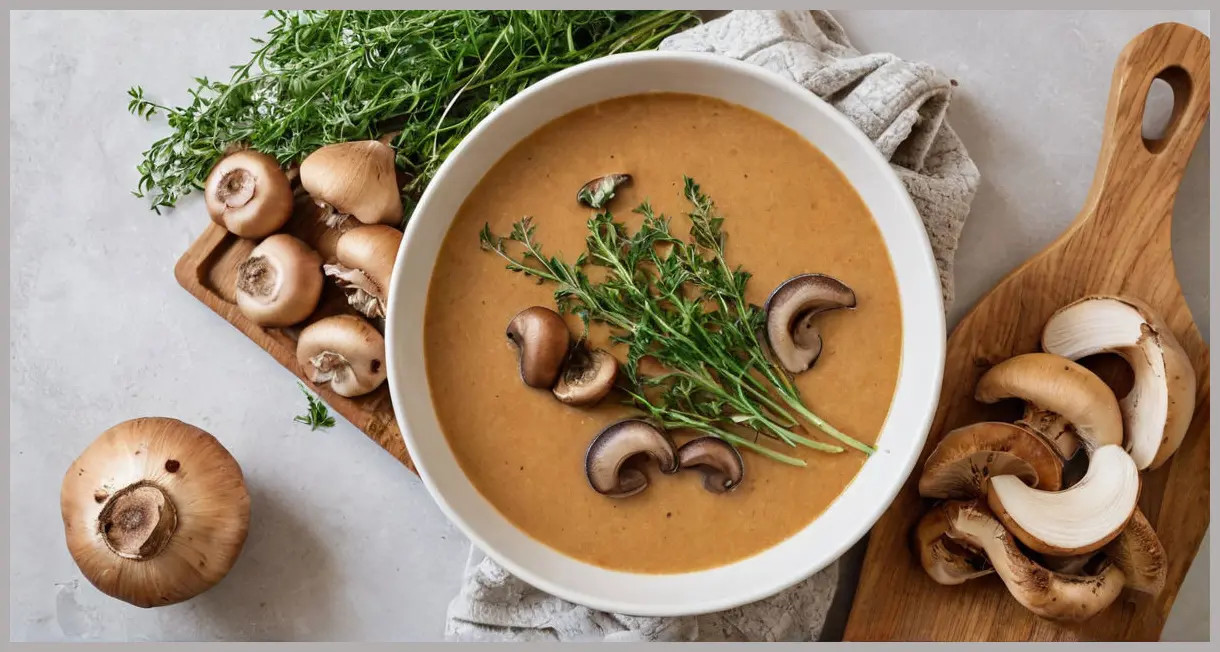 Overhead view of Ultimate vegan gravy in a ceramic bowl, framed by roasted garlic, thyme, and mushrooms in natural daylight. Ultimate vegan gravy