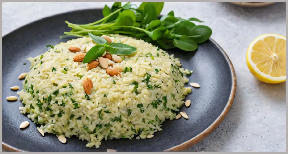 Leek and watercress risotto on a slate board, surrounded by watercress and lemon. Modern plating with a creamy texture and toasted almonds. Leek and watercress risotto