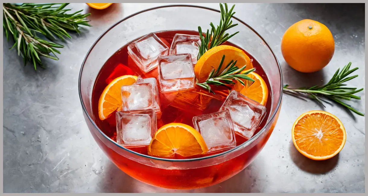 An elegant Negroni punch filling a crystal punch bowl, featuring a large ice block, fresh orange slices, and rosemary sprigs under soft lighting.