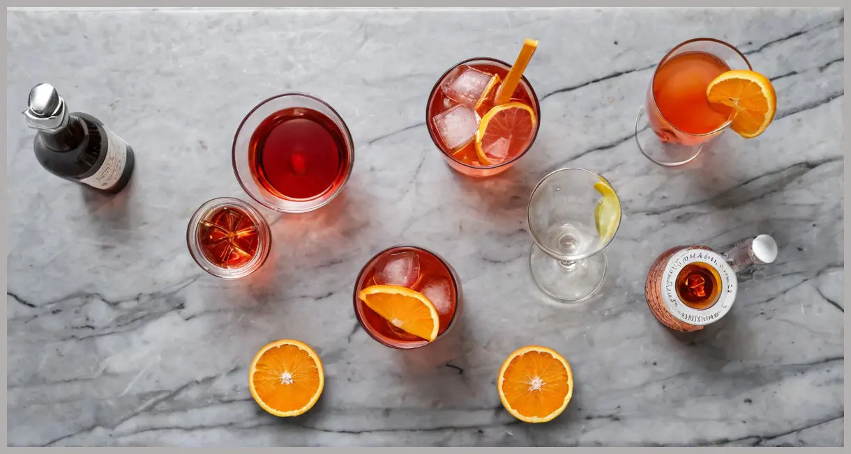 An overhead, photorealistic flat lay showcasing a Negroni sbagliato (negroni spritz) cocktail with its ingredients – Campari, vermouth, Prosecco – on a dark marble surface.