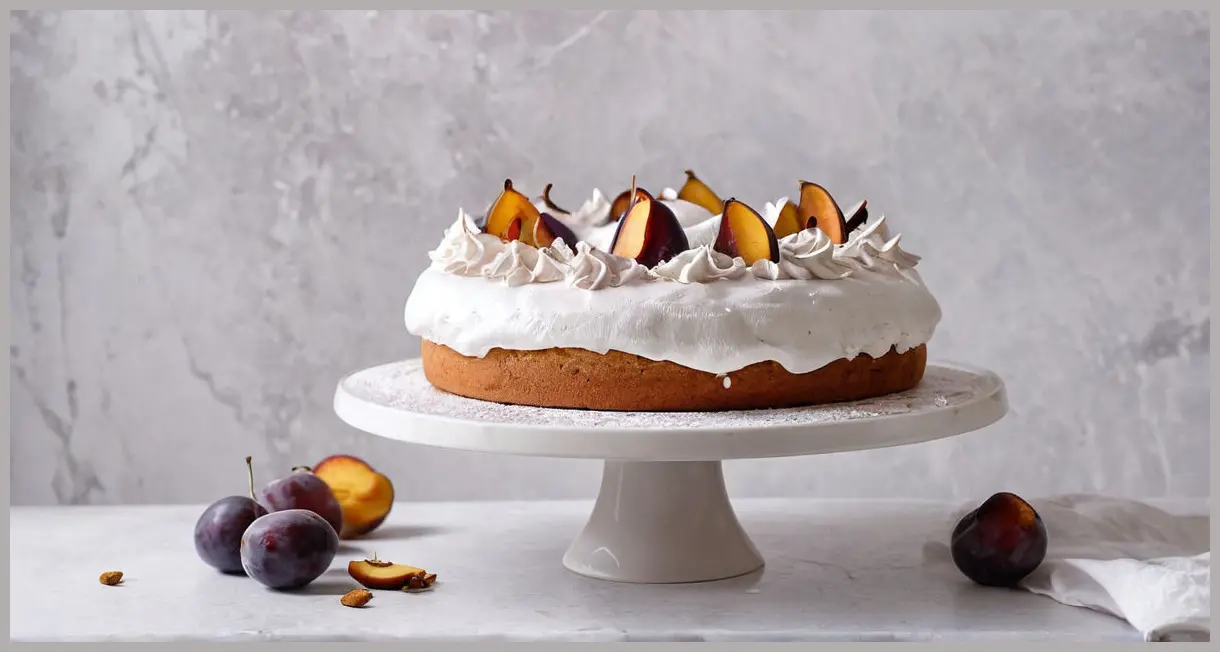Spiced plum cake with swiss meringue frosting, wide-angle shot, soft studio light, meringue kisses, roasted plums, powdered sugar, white marble stand, pastel linen backdrop.