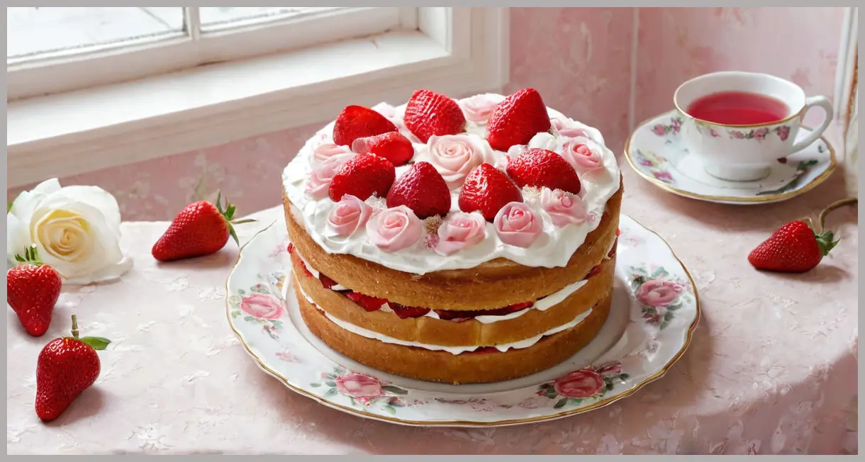 Overhead view of a whole Strawberry and Rose Victoria Sponge Sandwich on a floral plate with rose sugar and petals. Strawberry and rose victoria sponge sandwich
