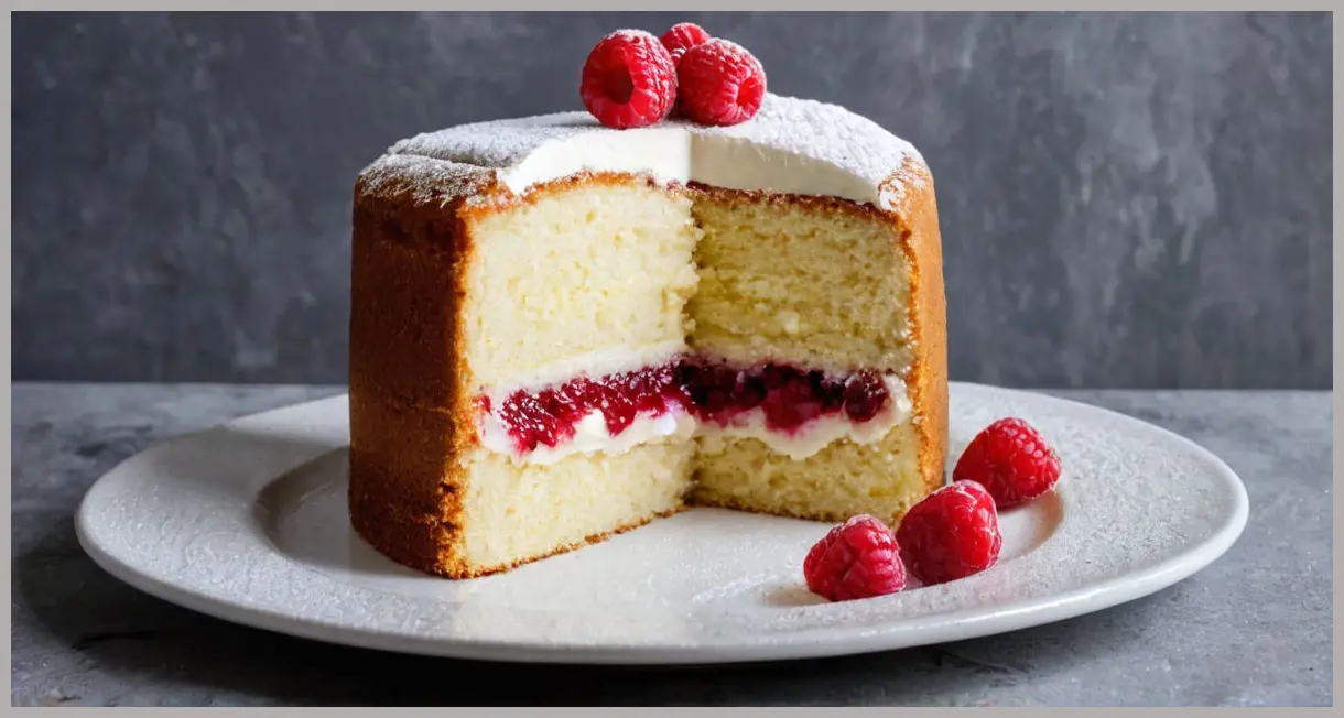 Side view of a vegan Victoria sponge cake with a slice removed, showing lemon buttercream and raspberry jam layers.